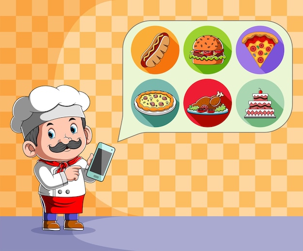 Vector chef holding hand phone for look menu