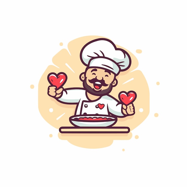 Chef holding heart shaped cookies Vector illustration in cartoon style