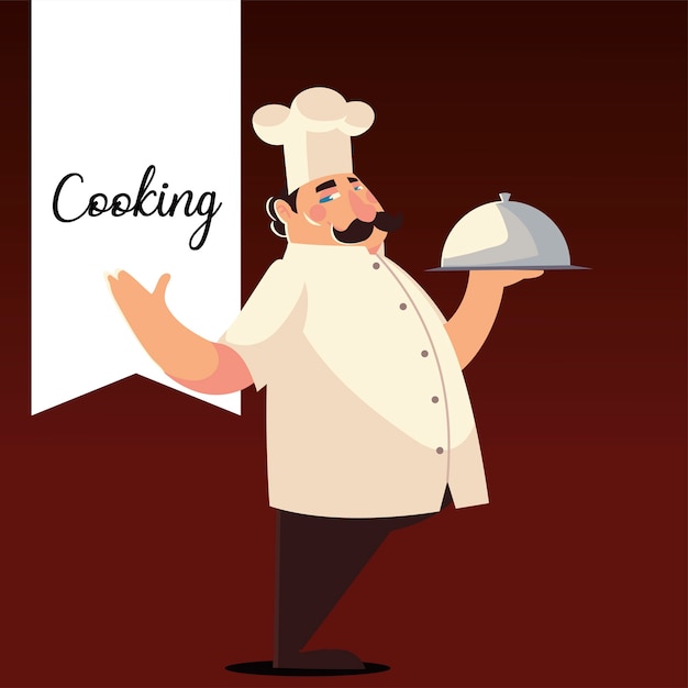 Chef holds silver platter worker professional restaurant vector illustration