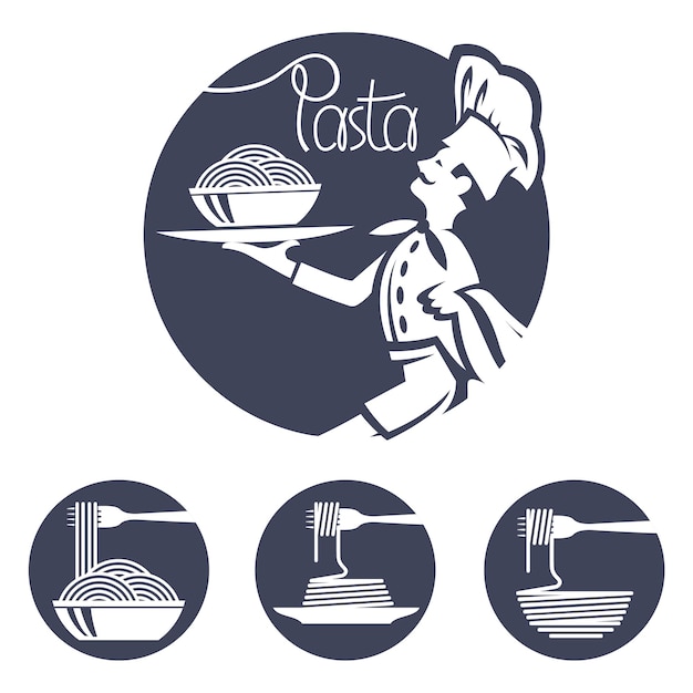 パスタの皿とシェフのアイコン