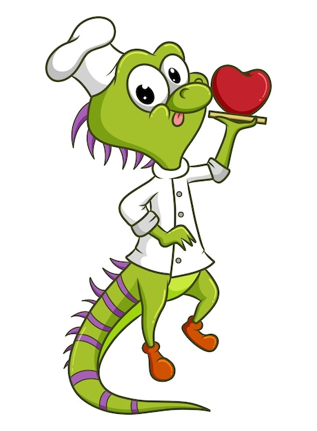 The chef iguana is serving the love on the plate of illustration