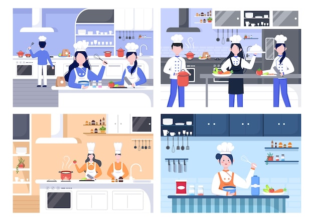 Lo chef sta cucinando in cucina con vassoio, ingredienti o pasti diversi. illustrazione della pagina di destinazione dello sfondo di mobili e utensili per interni