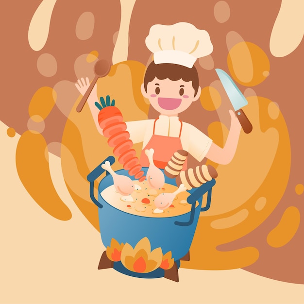 Chef is Making Tasty Chicken Stock with Happiness Vector Illustrator