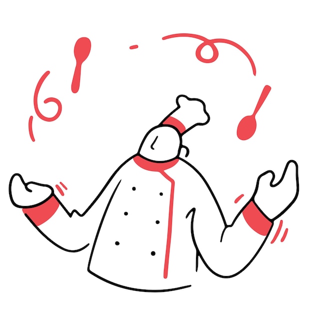 Vettore illustrazione dello chef che gioca con i cucchiai in cucina