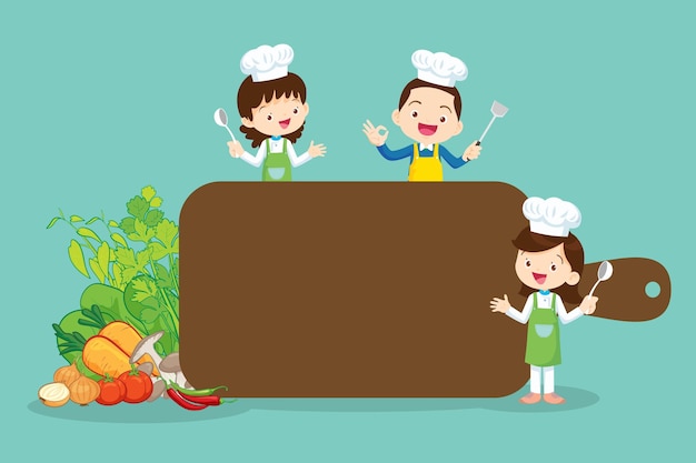 Chef kids modello di progettazione del corso di cucina simpatico piccolo chef che cucina il menu dei pasti