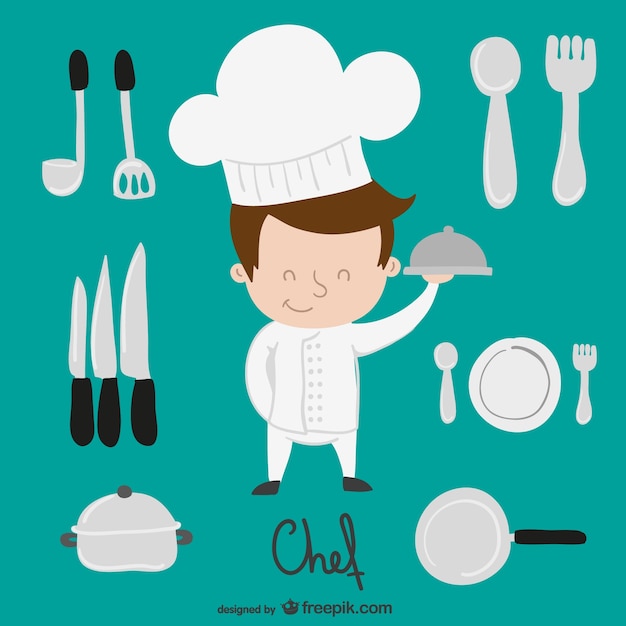 Vector chef and kitchen elements cartoon