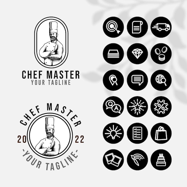 Logo della cucina del cuoco unico per il modello del ristorante e del bar dell'alimento con l'icona