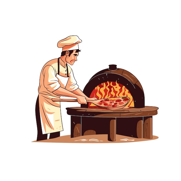 Chef-kok die de pizza in een traditionele houtgestookte vectorillustratie plaatst