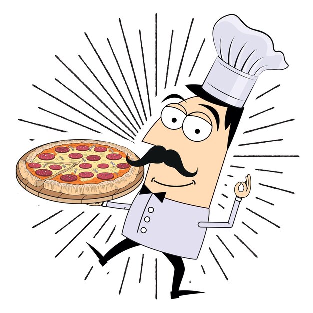 Chef-kok die pizzaillustratie houdt