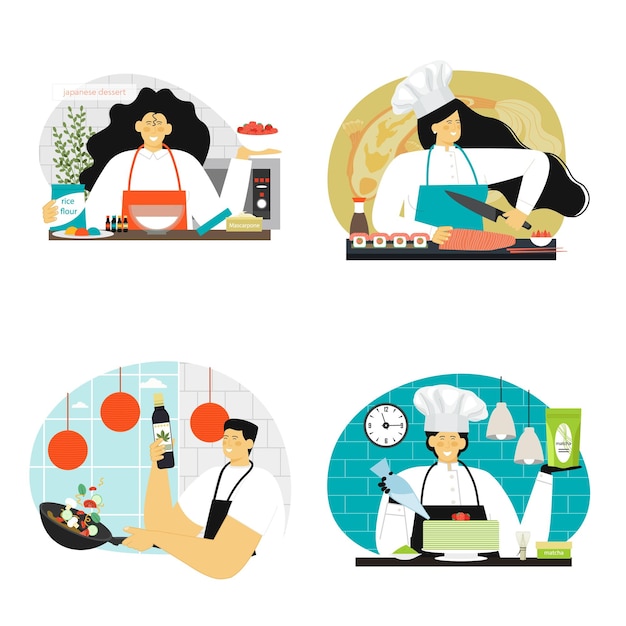 Chef-kok koken Japans eten vector scene set