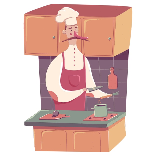 Chef-kok koken op keuken cartoon concept illustratie geïsoleerd op een witte achtergrond.