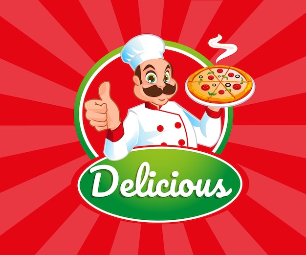 Chef-kok met pizza heerlijk eten mascotte logo