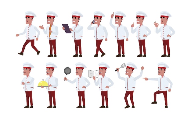 Chef-kok met verschillende poses. vector