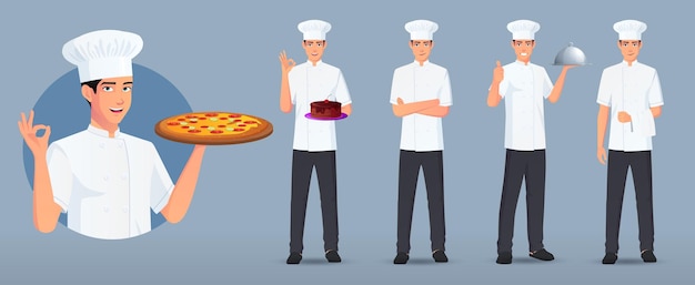 Vettore logo dello chef e del personaggio del cuoco in varie posizioni e gesti chef in piedi che porta la pizza della torta