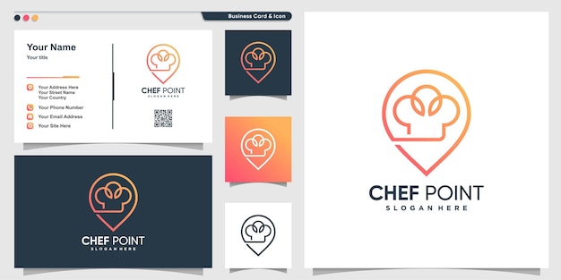 Chef-logo met puntlocatielijnkunststijl en ontwerpsjabloon voor visitekaartjes premium vector