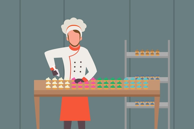 Vector chef making cup cakes 2d vector