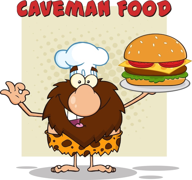 シェフ男性穴居人の漫画のマスコット キャラクター大きなハンバーガーを保持し、Ok を身振りで示す
