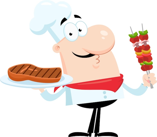 Chef-man cartoon personage met een bord met gegrilde steak en vlees spijkers