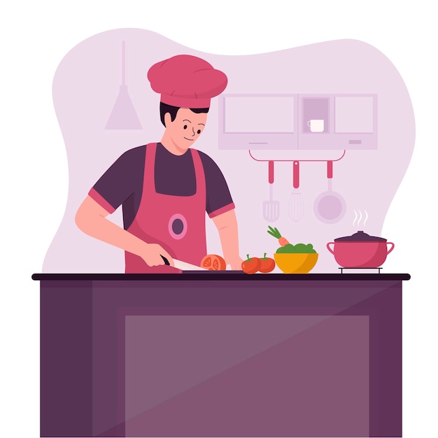 Concetto di design dell'illustrazione di cottura dell'uomo dello chef