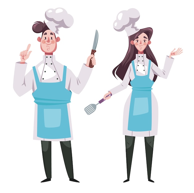 주방 레스토랑 미식가 음식 식사 개념 그래픽 디자인 벡터에서 요리사 남자 여자 요리사