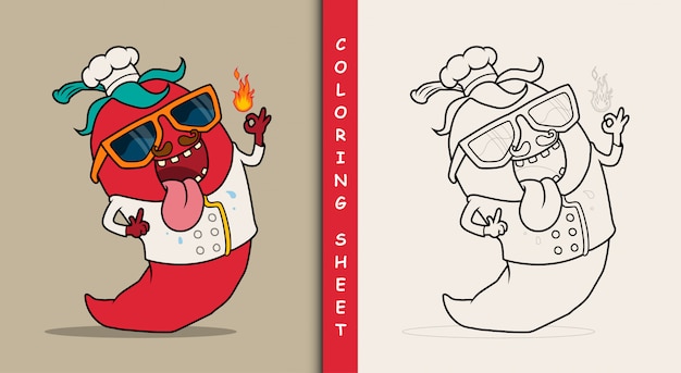 Chef mexican chili pepper showing ok sign. coloring sheet.