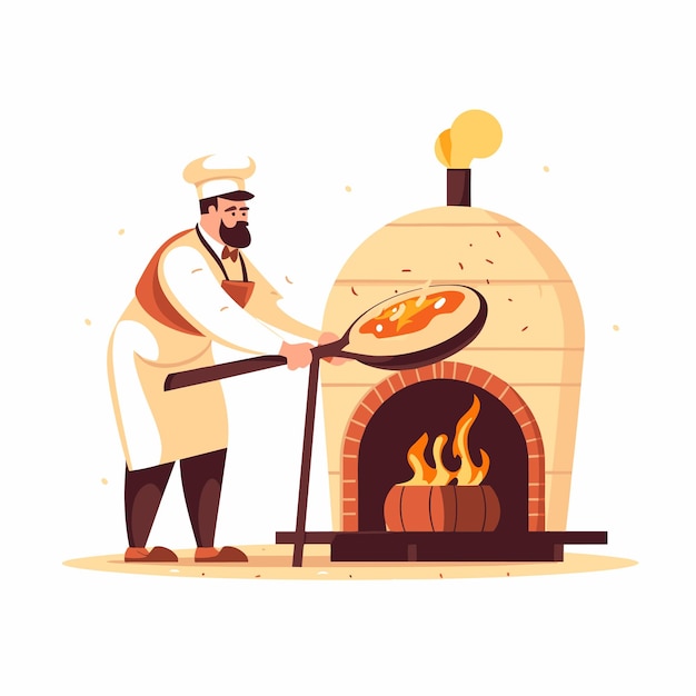 伝統的な薪で焼いたベクターイラストにピザを置くシェフ