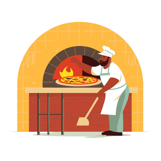 Chef mettendo la pizza in una tradizionale illustrazione vettoriale a legna