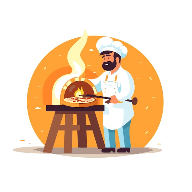 Chef placing the pizza into a traditional woodfired Vector illustration