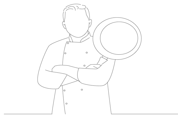 Lo chef in posa con le braccia incrociate tiene in mano una padella una linea d'arte