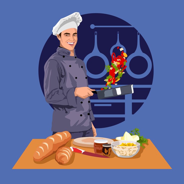 Вектор шеф-повар готовит еду.