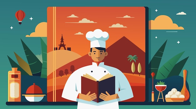 Chef reading a cookbook against a culinary travel backdrop