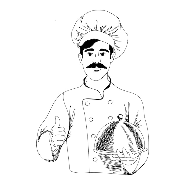 레스토랑의 요리사는 낙서 스타일의 손 벡터 삽화에 요리된 요리를 들고 있습니다.