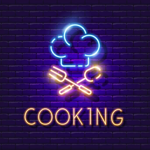 Insegna al neon del cappello dello chef e illustrazione vettoriale delle posate concetto di lezione di cucina