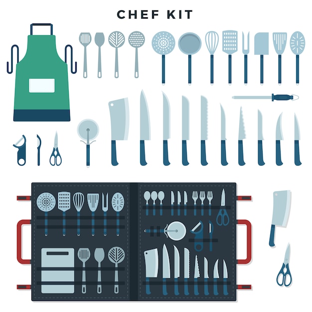 Vector chef's keukengereedschap ingesteld. verzameling gereedschap voor koken, messen voor vlees en groenten, keukengerei met tekst chef kit