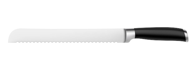 Chef's kitchen knife with a black handle isolated on a white background 3d render of bread knife or professional kitchen utensils realistic vector illustration mock up