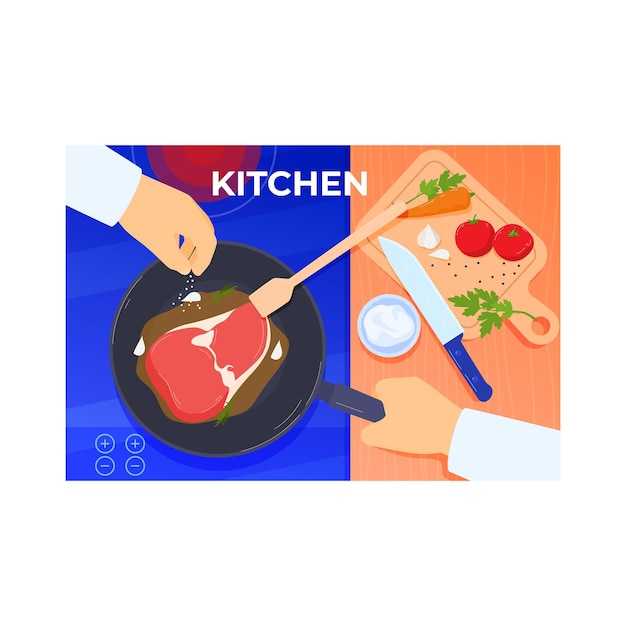 シェフがフライパンでステーキを調味し,ストーブで肉を調理し,キッチンの背景を調理する