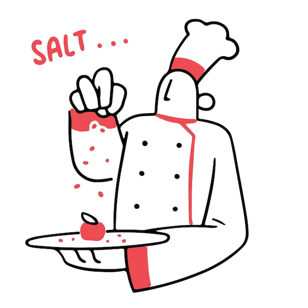 シェフが塩で調味料を調理して料理を仕上げるイラスト