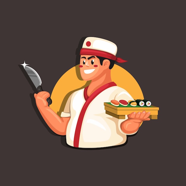 Chef sushi traditional japanese food restaurant mascot concept in cartoon illustration