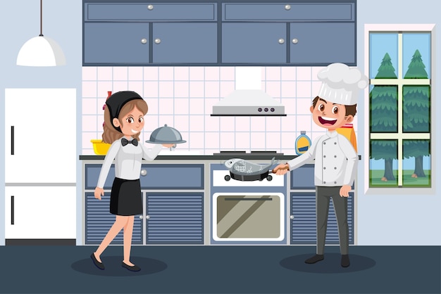Chef and waitress working in the kitchen