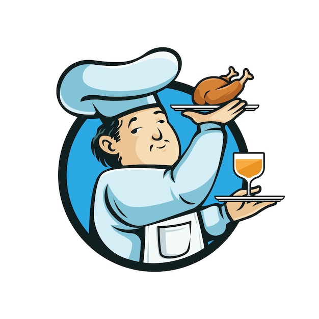 鶏肉とワインのロゴのグラスを持つシェフ。