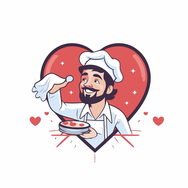 Chef with cake in heart shape Vector illustration in cartoon style