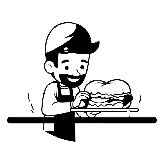 Vector chef with hamburger in cafe cheerful cartoon vector illustration