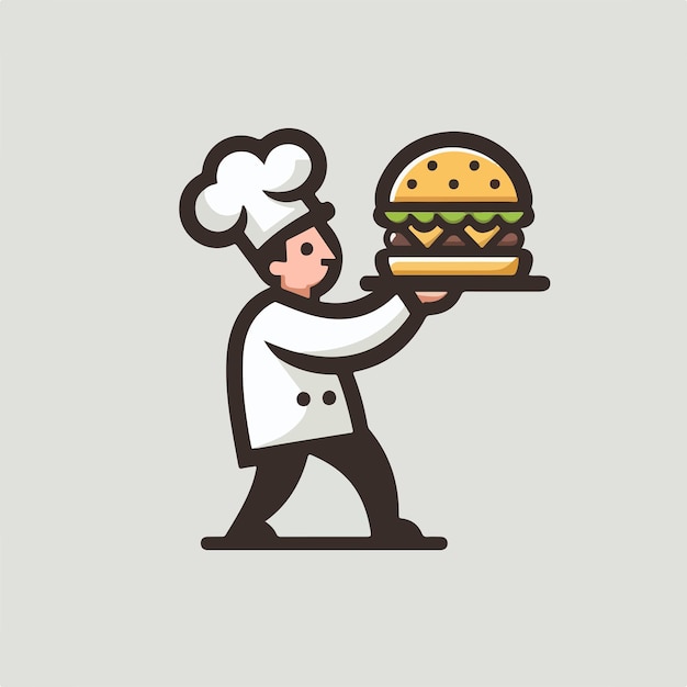 Vector a chef with a hamburger on his head and a chef hat is holding a hamburger