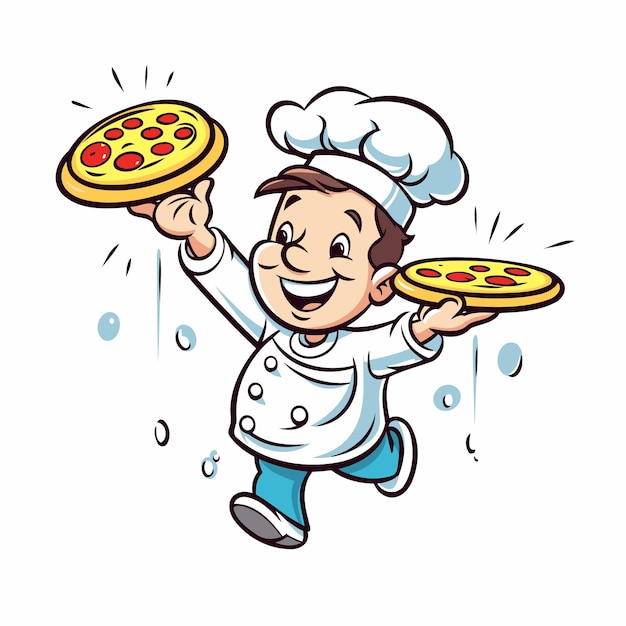 Vettore chef con illustrazione vettoriale di cartoni animati di pizza isolata su uno sfondo bianco