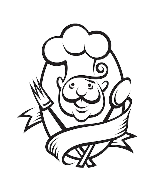 chef with spoon, fork and ribbon