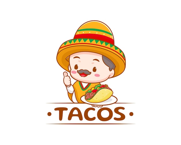 Chef with tacos logo cartoon illustration. Mexican street food