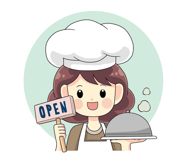 Chef woman holding sign open banner logo cartoon illustration