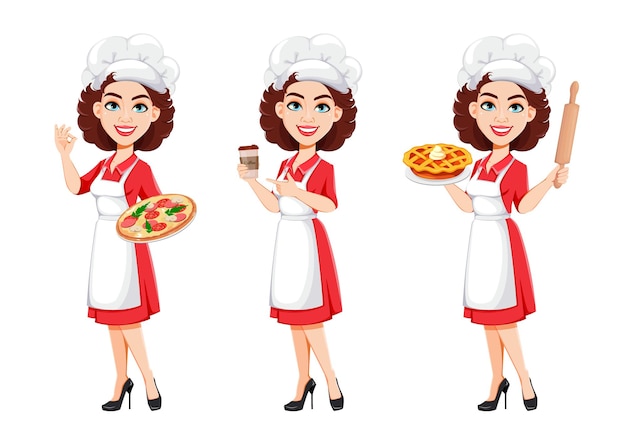 세 가지 포즈의 요리사 여자 세트 전문 제복을 입은 요리사 여자 귀여운 만화 캐릭터