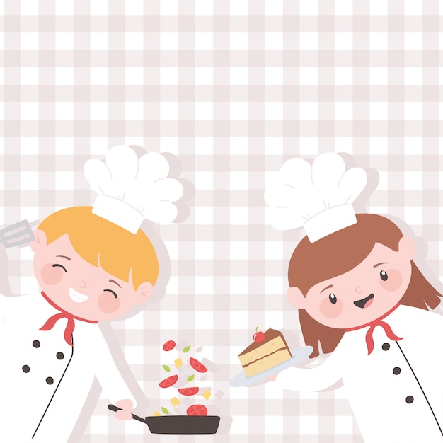 シェフの男の子と女の子のケーキとサラダの漫画のキャラクター