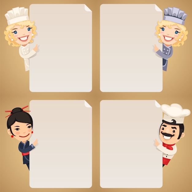 Chefs cartoon characters looking at blank poster set